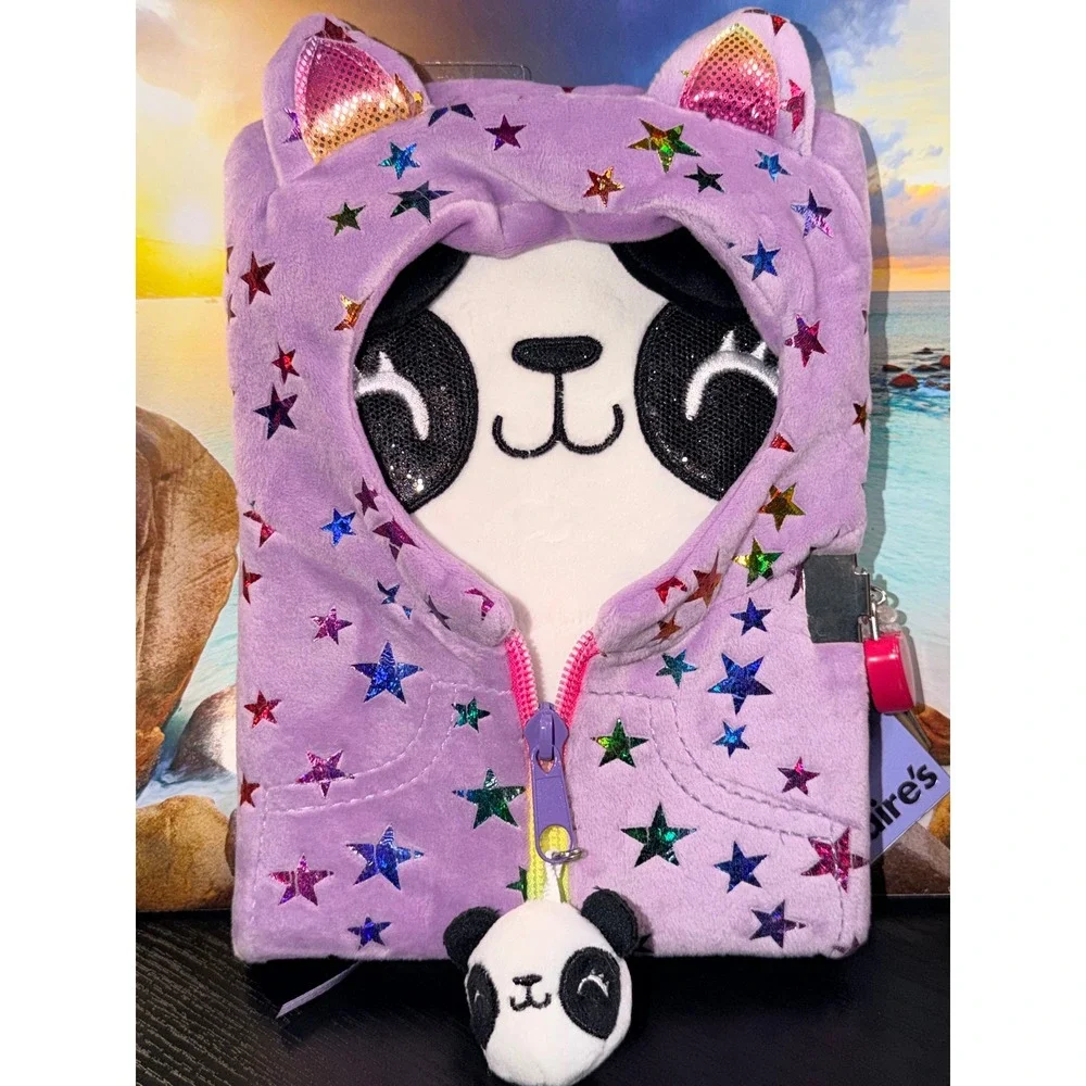 Claire's Penelope Hoods Up Panda Plush Locked Diary Purple Rainbow Stars New